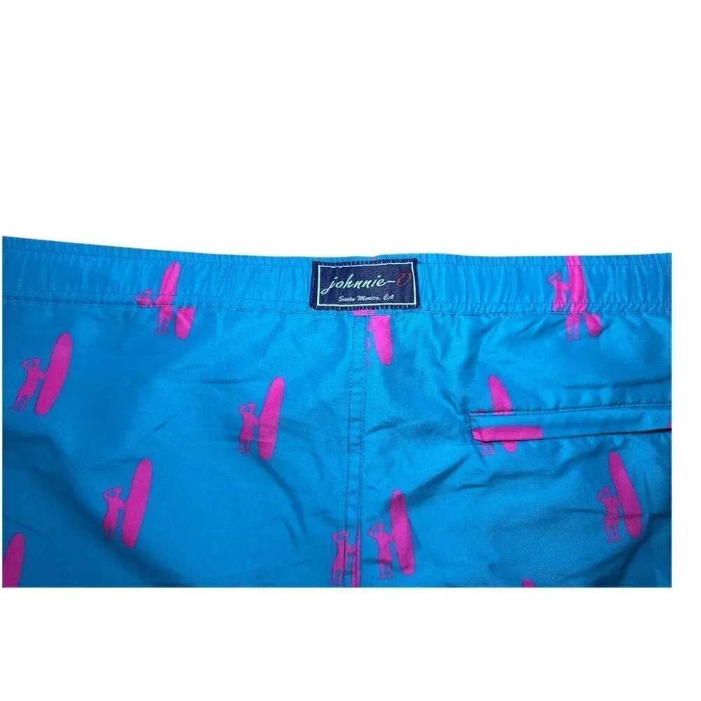 Johnnie O Swim Trunks Mens M Blue All Over Print Logo Lined Shorts Beach Surf